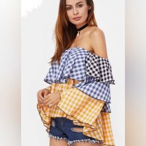Gingham Off the Shoulder 100% Cotton Blouse Top Size Medium